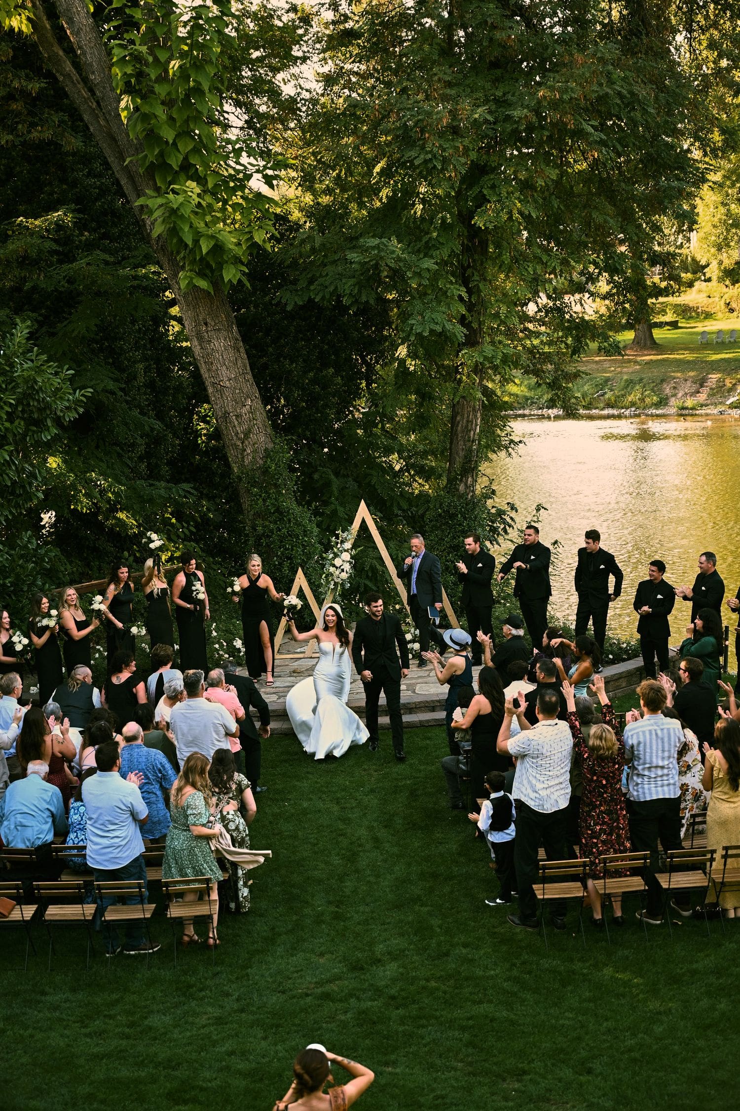 Golden hour portrait of the newlyweds at A River House wedding venue in Grants Pass, Oregon