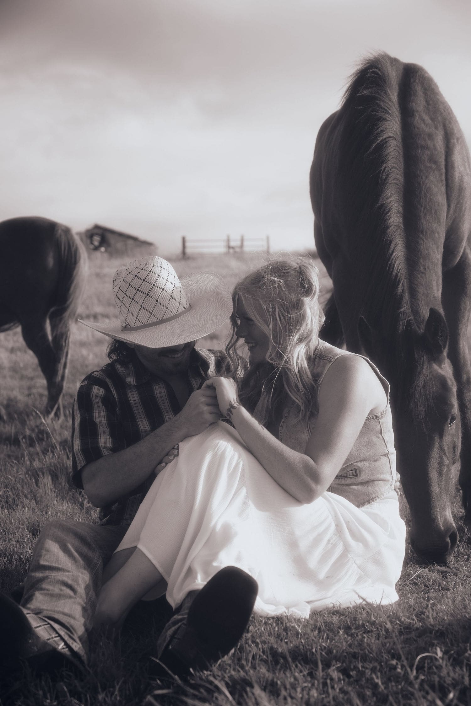 Black and white photo of an engaged couple in a field with horses in the countryside