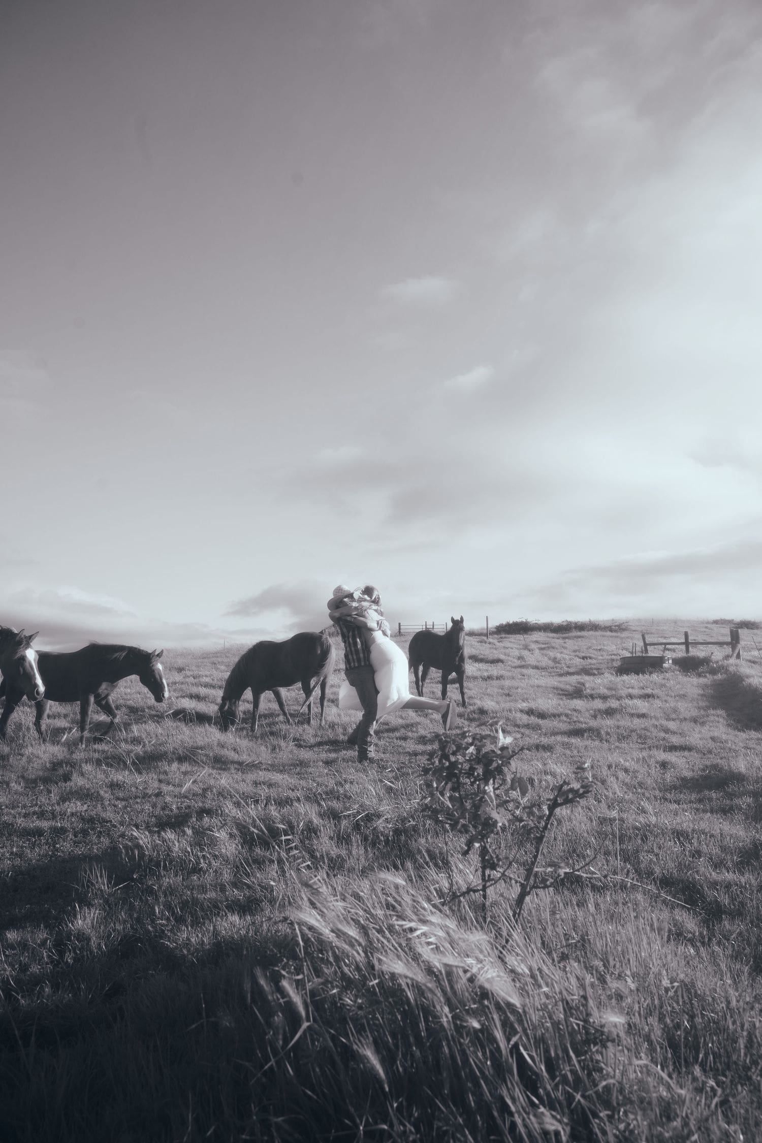 Black and white photo of a woman in a white dress standing among horses in a pasture
